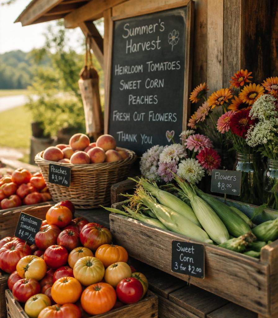 A roadside farm stand with heirloom tomatoes, peaches, sweet corn, and cut flowers